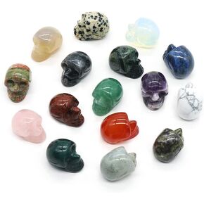 LE SKY 6 Pcs Natural Stone Decorations Skull Shape No Hole Healing Reiki Energy Quartz Crystal Palm Gemstones Statue Charms for Home Office Table Ornament Artwork