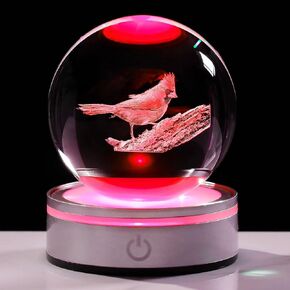 Movdyka 3D Crystal Ball Red Cardinal Gifts for Women Men, Laser Engraved Cardinal Bird Figurine Decor Memorial Gifts for Loss of Loved One with LED Night Light Lamp Base