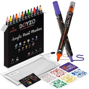 DOYZO 48 Colour Dual Tip Acrylic Paint Markers, with Extra 5 Stencils & 1 Acrylic Markers Set Zipper Bag, Premium Acrylic Paint Pen Markers for Wood, Canvas, Glass, Ceramic, Fabric & Rock Painting