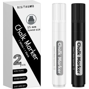 BIGTHUMB Liquid Chalk Markers Erasable Window Paint Pen: 15mm Jumbo Wet Erase Glass Washable Markers Large Wide Tip 1 Black 2 White Chalk Markers for Chalkboard Blackboard Mirror Auto Car in Kuwait
