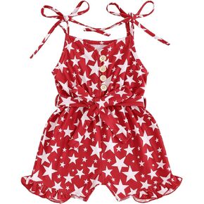 Okbabeha 4th of July Outfit Toddler Girl Stars Stripe Flag Tie-Up Romper Overall Shorts Little Girls 4th of July Clothing