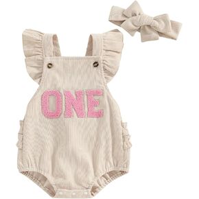 Baby Girl Birthday Outfit One Embroidery Romper Corduroy Ruffle Sleeveless Bodysuit Headband Cake Smash Outfits