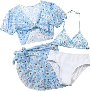 Verdusa Girl's 4 Piece Floral Print Bikini Swimsuit with Wrap Cover Up Sets