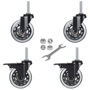 Hirate 3" Swivel Caster Industrial Castors, 3/8"-16 x 1.5" Threaded Stem Locking Casters for Furniture DIY Tools with Hex Nuts(2 with Brakes & 2 Without)