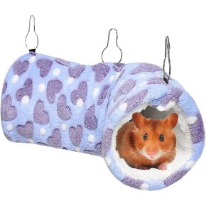 Petmolico Small Animals Hanging Tunnel, Warm Plush Hammock Cage Accessories for Parrot Sugar Glider Ferret Squirrel Hamster Rat Hideout Playing Sleeping, Light Purple Heart