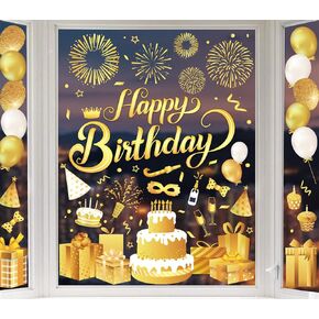 Whaline 6 Sheets New Year Window Clings New Years Eve Window Decal Champagne Firework Double-Sided Golden Yellow Window Stickers Reusable for Home School Office Decor