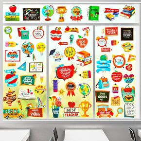 HOWAF 8 Sheets Thank You Teachers Window Clings, Teachers Appreciation Week Decoration Window Decals, Teachers Day Window Stickers for School Classroom Ornaments Wall Glass Decor