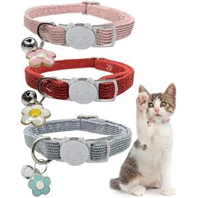 GoldTiger 3 Pack Cord Flower Cat Collar, Cat Collar with Bells, Cat Collar Breakaway, A Cat with Neck Size Between 8 and 13 Inches (Red/Blue/Pink)