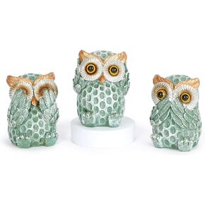 FriyGardcn Set of 3 Green Owl Statues Home Décor, Cute Owl Figurines for Shelf, Living Room Bedroom Office Desktop, Bookshelf, Animal Sculptures Gifts,Small Decor Accents Items for Birds Lovers