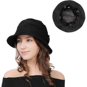 Womens 1920s Vintage Satin Lined Fedora Bowler Cloche Bucket Church Derby Party Hat Fall Winter Ladies Black