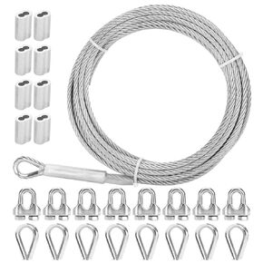Thickened 3/16 Stainless Steel Cable, 50ft Wire Rope, 7X19 Strands Aircraft Cable, 3700lbs Breaking Strength, Zip Line with M8 Wire Rope Clip Clamp and Wire Rope Cable Thimbles