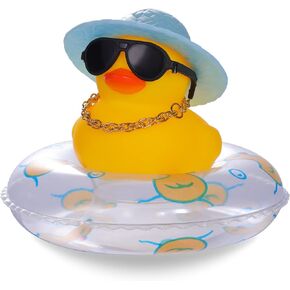 LUTER Car Duck Decoration Dashboard, Rubber Duck Car Decoration Little Yellow Duck Car Decoration for Car Dashboard Decoration Accessories with Gold Chain Straw Hat Sunglasses (Blue Swim Ring)