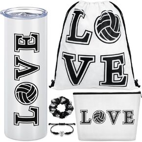 5 Pieces Volleyball Gift Include 17.2 Inch Volleyball Drawstring Bag Volleyball Tumbler Cup with Lid Straw Canvas Cosmetic Bag Adjustable Rope Bracelet Elastic Headband for Girl Women