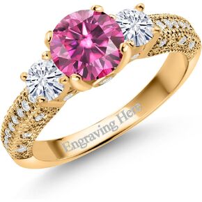 Gem Stone King 18K Yellow Gold Plated Silver Customized and Personalized 7MM and 4MM Round Gemstone Birthstone and White Moissanite Engagement Ring For Women