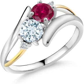 Gem Stone King 925 Sterling Silver and 10K Yellow Gold Red Created Ruby and Sky Blue Aquamarine with Lab Grown Diamond 2 Stone Crossover Ring For Women (1.52 Cttw, Available in size 5, 6, 7, 8, 9)