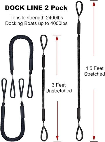 Boat Accessories 2PCS Dock Lines 3FT Premium Bungee Boat Lines (Red+Black, 3Feet) in Saudi Arabia