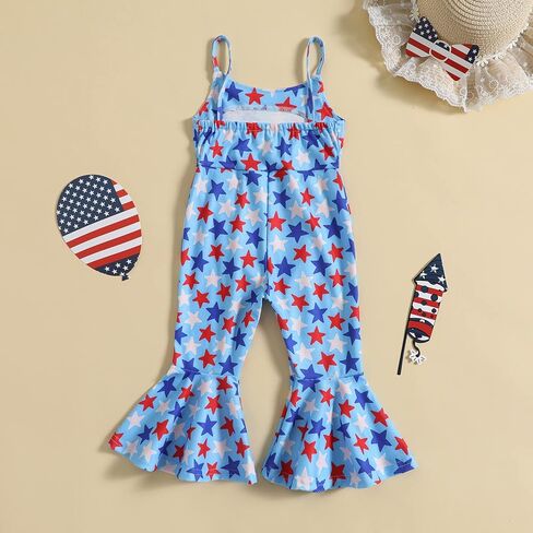 ملابس أطفال من Noubeau للأطفال الرضع والبنات في الرابع من يوليو بدلة رومبير ذات جرس سفلي بعلم أمريكي من قطعة واحدة بدون أكمام in Kuwait