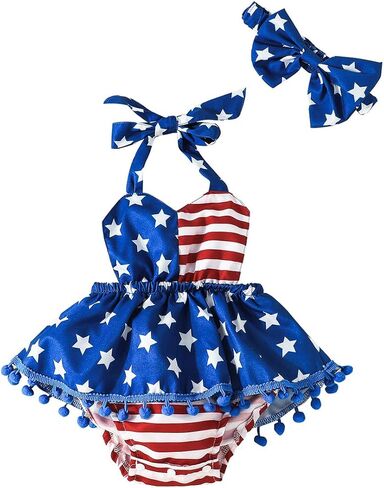 Noubeau 4th من يوليو الرضع طفلة ملابس للفتيات العلم الأمريكي الرسن رومبير بوم بوم عارية الذراعين فستان القوس عقال الصيف مجموعة in Kuwait