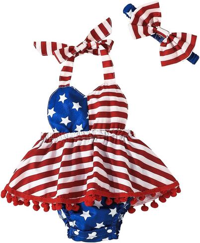Noubeau 4th of July Infant Baby Girl Outfits American Flag Halter Romper Pom Pom Backless Dress Bow Headband Summer Set in Saudi Arabia