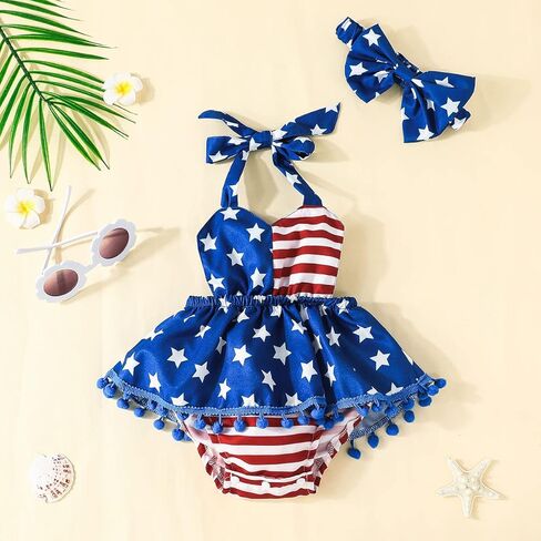 Noubeau 4th من يوليو الرضع طفلة ملابس للفتيات العلم الأمريكي الرسن رومبير بوم بوم عارية الذراعين فستان القوس عقال الصيف مجموعة in Kuwait