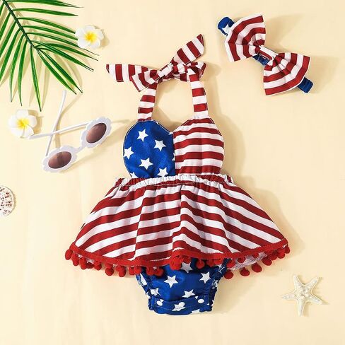 Noubeau 4th of July Infant Baby Girl Outfits American Flag Halter Romper Pom Pom Backless Dress Bow Headband Summer Set in Saudi Arabia