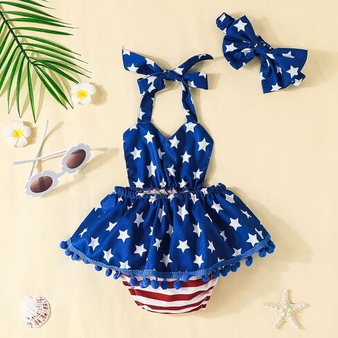 Noubeau 4th من يوليو الرضع طفلة ملابس للفتيات العلم الأمريكي الرسن رومبير بوم بوم عارية الذراعين فستان القوس عقال الصيف مجموعة in Kuwait