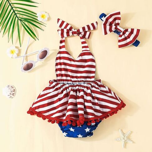 Noubeau 4th of July Infant Baby Girl Outfits American Flag Halter Romper Pom Pom Backless Dress Bow Headband Summer Set in Saudi Arabia