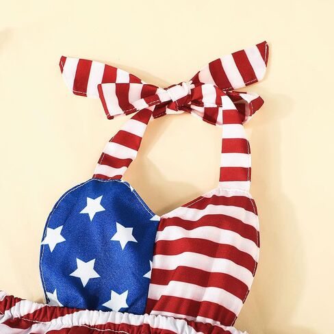 Noubeau 4th of July Infant Baby Girl Outfits American Flag Halter Romper Pom Pom Backless Dress Bow Headband Summer Set in Saudi Arabia
