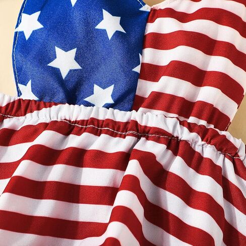 Noubeau 4th of July Infant Baby Girl Outfits American Flag Halter Romper Pom Pom Backless Dress Bow Headband Summer Set in Saudi Arabia