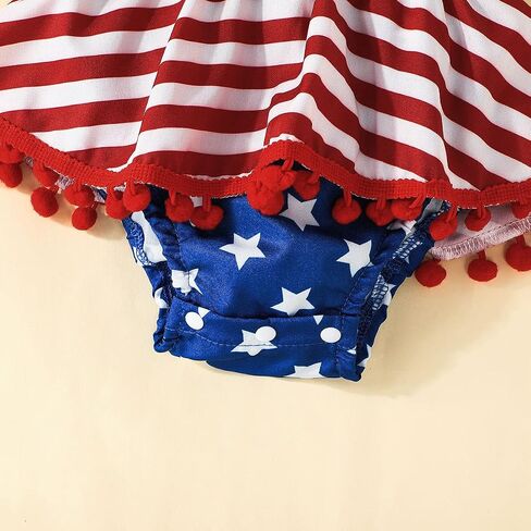Noubeau 4th of July Infant Baby Girl Outfits American Flag Halter Romper Pom Pom Backless Dress Bow Headband Summer Set in Saudi Arabia