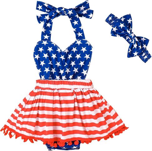 Noubeau 4th of July Infant Baby Girl Outfits American Flag Halter Romper Pom Pom Backless Dress Bow Headband Summer Set in Saudi Arabia