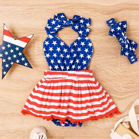 Noubeau 4th of July Infant Baby Girl Outfits American Flag Halter Romper Pom Pom Backless Dress Bow Headband Summer Set in Saudi Arabia