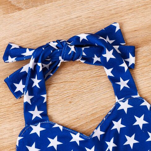Noubeau 4th of July Infant Baby Girl Outfits American Flag Halter Romper Pom Pom Backless Dress Bow Headband Summer Set in Saudi Arabia