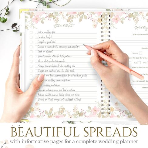 Beautiful floral Wedding Planner, Wedding Planning Book And Organizer with a pink pen, Wedding Planner Book in 8.5X11, Wedding Planning Book in pink and green in Saudi Arabia