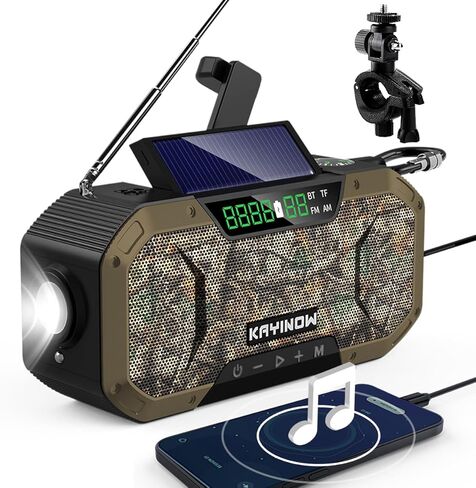 [بلوتوث] مكبر صوت مقاوم للماء لراديو الطوارئ، راديو AM FM محمول، راديو طاقة شمسية بذراع يدوي، بطارية 5000 مللي أمبير في الساعة، راديو NOAA للطقس مع شاحن هاتف محمول بمصباح يدوي، SOS، مشبك دراجة للتخييم في الهواء الطلق in Kuwait