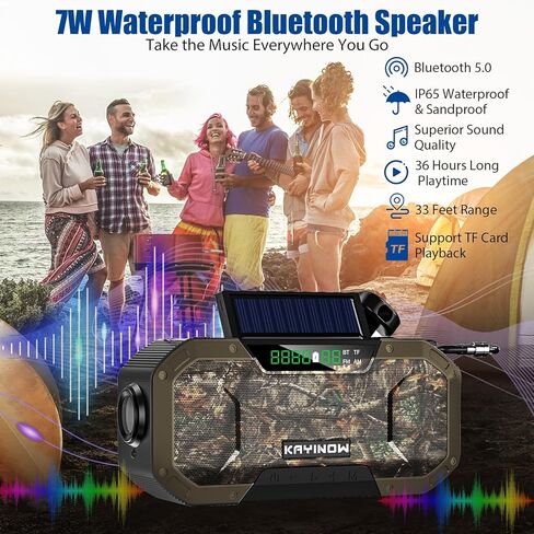 [بلوتوث] مكبر صوت مقاوم للماء لراديو الطوارئ، راديو AM FM محمول، راديو طاقة شمسية بذراع يدوي، بطارية 5000 مللي أمبير في الساعة، راديو NOAA للطقس مع شاحن هاتف محمول بمصباح يدوي، SOS، مشبك دراجة للتخييم في الهواء الطلق in Kuwait
