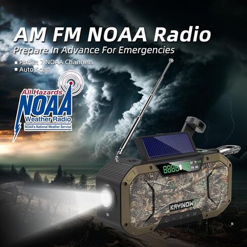 [بلوتوث] مكبر صوت مقاوم للماء لراديو الطوارئ، راديو AM FM محمول، راديو طاقة شمسية بذراع يدوي، بطارية 5000 مللي أمبير في الساعة، راديو NOAA للطقس مع شاحن هاتف محمول بمصباح يدوي، SOS، مشبك دراجة للتخييم في الهواء الطلق in Kuwait