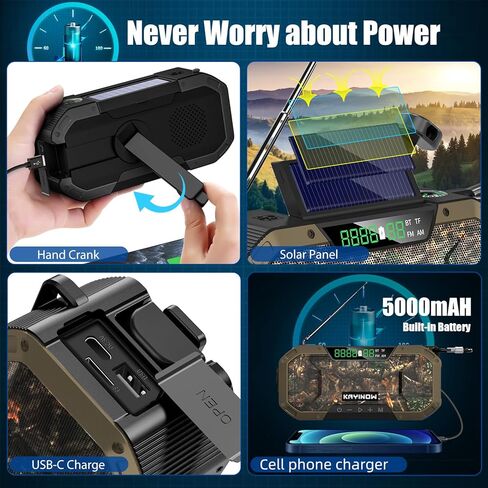 [بلوتوث] مكبر صوت مقاوم للماء لراديو الطوارئ، راديو AM FM محمول، راديو طاقة شمسية بذراع يدوي، بطارية 5000 مللي أمبير في الساعة، راديو NOAA للطقس مع شاحن هاتف محمول بمصباح يدوي، SOS، مشبك دراجة للتخييم في الهواء الطلق in Kuwait