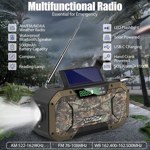 [بلوتوث] مكبر صوت مقاوم للماء لراديو الطوارئ، راديو AM FM محمول، راديو طاقة شمسية بذراع يدوي، بطارية 5000 مللي أمبير في الساعة، راديو NOAA للطقس مع شاحن هاتف محمول بمصباح يدوي، SOS، مشبك دراجة للتخييم في الهواء الطلق in Kuwait