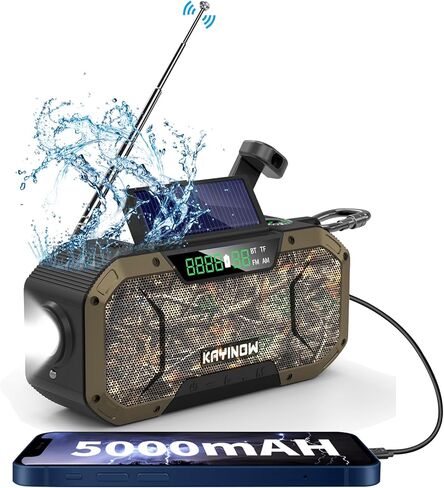 [بلوتوث] مكبر صوت مقاوم للماء لراديو الطوارئ، راديو AM FM محمول، راديو طاقة شمسية بذراع يدوي، بطارية 5000 مللي أمبير في الساعة، راديو NOAA للطقس مع شاحن هاتف محمول بمصباح يدوي، SOS، مشبك دراجة للتخييم في الهواء الطلق in Kuwait