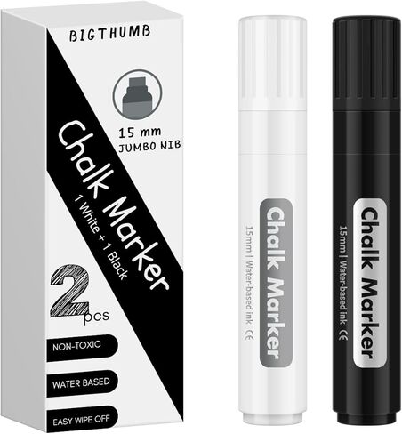 BIGTHUMB Liquid Chalk Markers Erasable Window Paint Pen: 15mm Jumbo Wet Erase Glass Washable Markers Large Wide Tip 1 Black 2 White Chalk Markers for Chalkboard Blackboard Mirror Auto Car in Kuwait