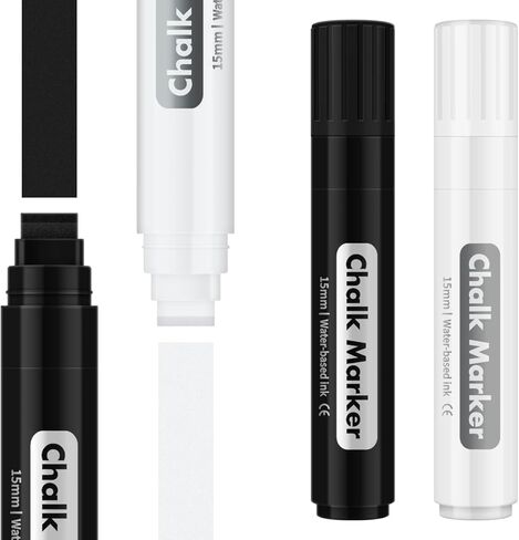 BIGTHUMB Liquid Chalk Markers Erasable Window Paint Pen: 15mm Jumbo Wet Erase Glass Washable Markers Large Wide Tip 1 Black 2 White Chalk Markers for Chalkboard Blackboard Mirror Auto Car in Kuwait