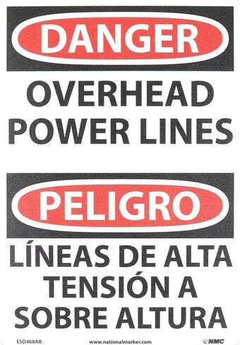 NMC ESD468PB Bilingual OSHA Sign, Legend "DANGER - OVERHEAD POWER LINES", 10" Length x 14" Height, Pressure Sensitive Vinyl, Black/Red on White in Saudi Arabia