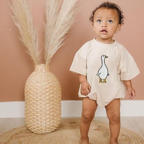 Baby Girl Boy Summer Romper Short Sleeve Farm Animal Goose/Chicken Embroidery Print Bodysuit Unisex Newborn Clothes in Saudi Arabia