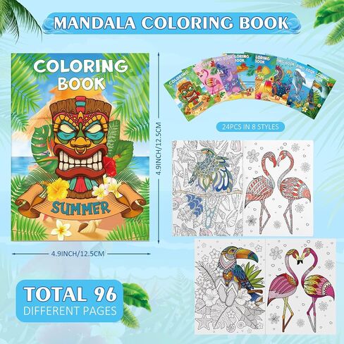 Pasimy 24 Pack Summer Coloring Books Bulk Mandala Tropical Coloring Book for Boys Girls Adults Luau Hawaiian Flamingo Summer Beach Baby Shower Birthday Party Favors Gift Bag Fillers Supplies, 8 Styles in Saudi Arabia