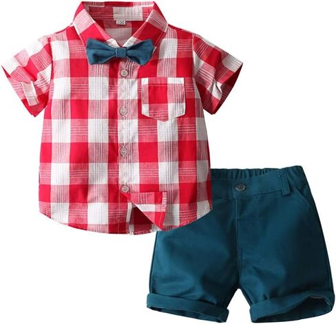 قميص منسوج منقوش بأكمام قصيرة للأولاد من Abolai مع ربطة عنق + مجموعة ملابس قصيرة in Kuwait