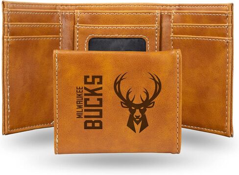 Rico Industries NBA Milwaukee Bucks Men’s Trifold Brown Wallet - Premium 9 Pocket Laser-Engraved Team Logo on Vegan Leather - Minimalist Design, ID Window, Credit Card Holder - Ideal Men’s Gift in Saudi Arabia