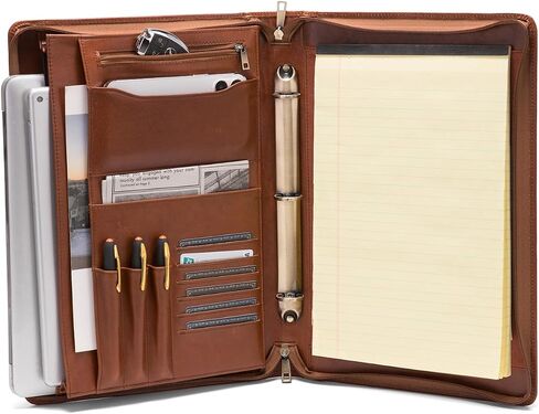 Geslun 3 Ring Binder Leather Portfolio with Handle, Genuine Full Grain Leather Large Zippered Padfolio for 8.5 x 14" Legal Pad and 15" Laptop, Brown, Oil Tanned in Saudi Arabia