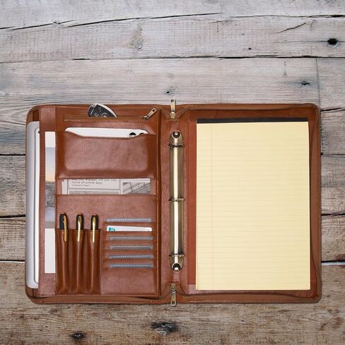 Geslun 3 Ring Binder Leather Portfolio with Handle, Genuine Full Grain Leather Large Zippered Padfolio for 8.5 x 14" Legal Pad and 15" Laptop, Brown, Oil Tanned in Saudi Arabia