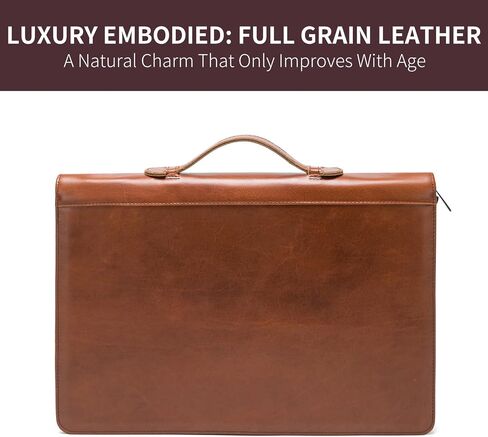 Geslun 3 Ring Binder Leather Portfolio with Handle, Genuine Full Grain Leather Large Zippered Padfolio for 8.5 x 14" Legal Pad and 15" Laptop, Brown, Oil Tanned in Saudi Arabia